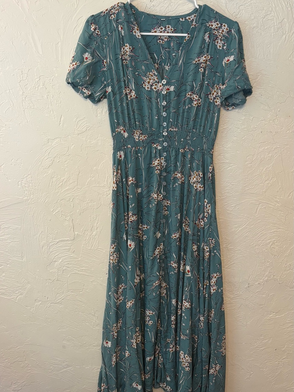Floral V-Neck Teal Maxi Dress with Button Front